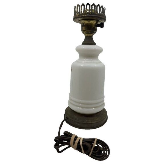 Vintage Milk Glass Oil Lamp Base With Floral Design & Brass Crown Detailing - Picture 6 of 14
